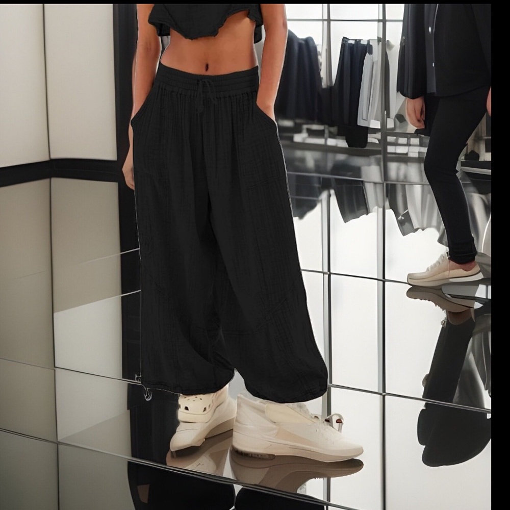 Women’s Casual Elastic Drawstring Waist Pants W/Baggy Legs W/Ties @ Cuffs Pant